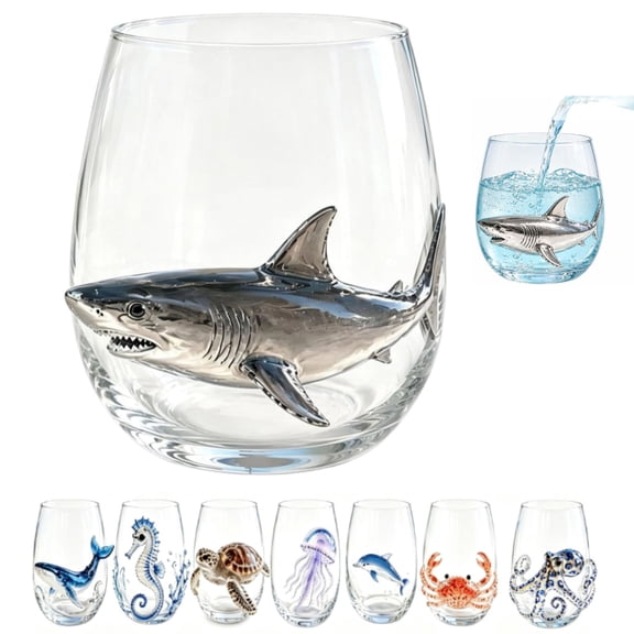 Artisanal Ocean Animal Glassware, Ocean Animal Drinking Glass 3D Stemless Wine Glasses, Handcrafted Novelty Marine Animal Bar Glass, for Coastal Home Ocean Decor(Shark)