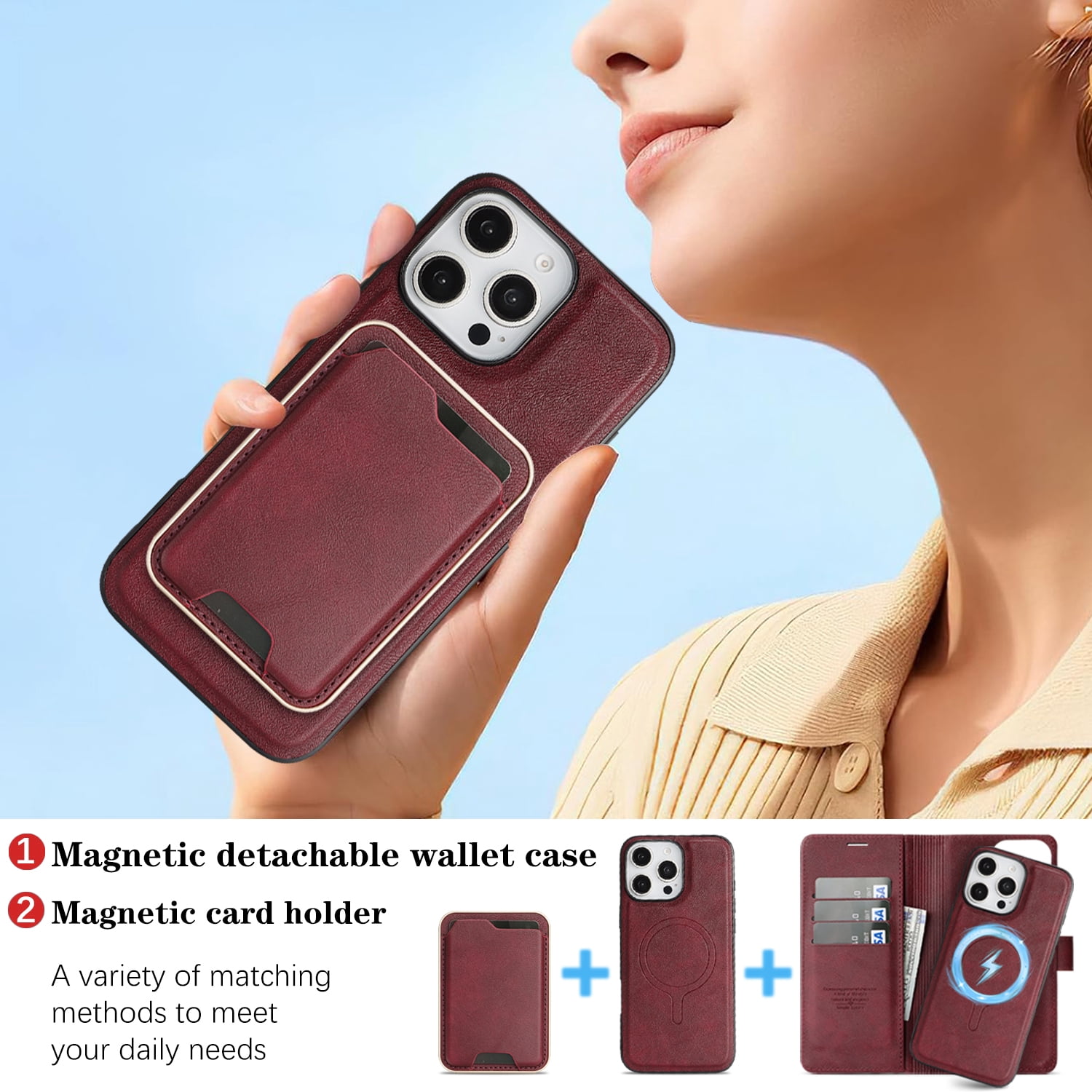 TECH CIRCLE 3-in-1 Phone Case for iPhone 15 Pro Max (2023 Release, 6.7"), Magnetic Flip Wallet Case with Detachable Magnetic Back Cover and Card Holder, Compatible with MagSafe Accessory, Red
