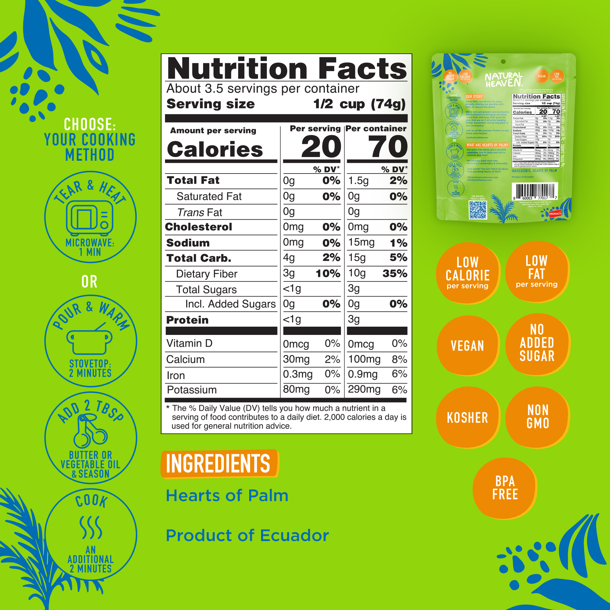 Natural Heaven Hearts Of Palm Brown Rice - 6 count, 54oz (255g) each - Low Carb, Gluten-Free & Good Source of Fiber