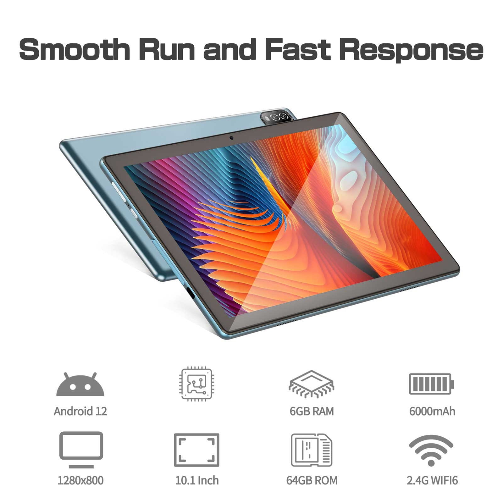 10.1-Inch Android 12 Tablet with 6GB+64GB, 1TB Expandable, IPS HD Screen, WiFi 6, Bluetooth 5.2, Dual Camera, 6000mAh Battery