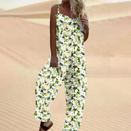 

QWANG White Summer Sweet Beach Jumpsuits For Women 2023 Fashion Loose Casual Print Overalls Strappy Button Long Pant Rompers