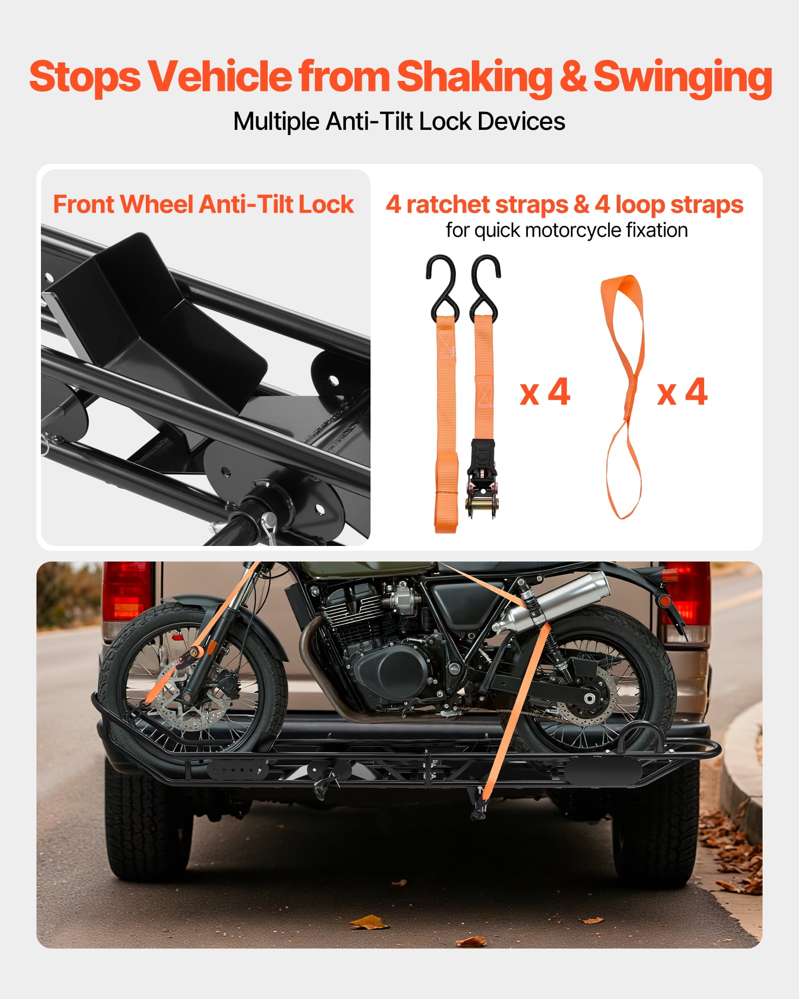 VEVOR Motorcycle Carrier, 500 lbs Capacity, Heavy Duty Steel Hitch Mount Rack with Anti-Tilt Lock Device,Straps & Stabilizer, Scooter Dirt Bike Trailer Hauler for Car Truck with 2-Inch Hitch Receiver