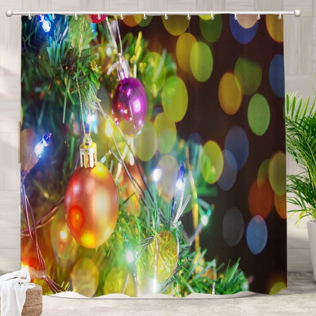 Christmas Decoration Decor Shower Curtain,Hanging Colorful Balloon On Pine Bathroom Decor Polyester Fiber Plastic Rings Quick-Drying Waterproof for Bathtubs/Bathroom, 72x72 inches