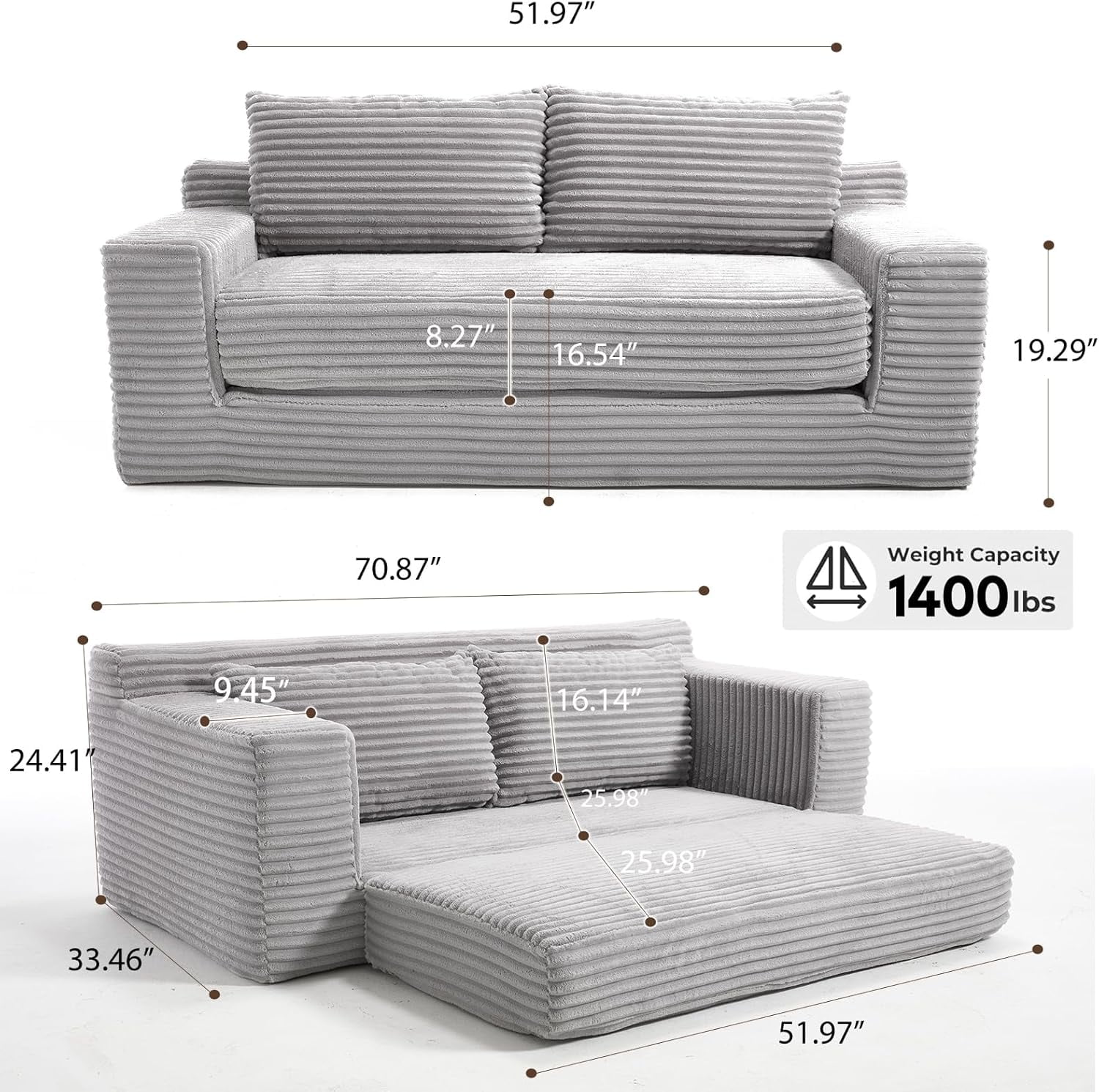 70.87" W Cloud Lounge Memory Foam Corduroy Convertible Folding and No Assembly Loveseat Sofa Bed,Grey