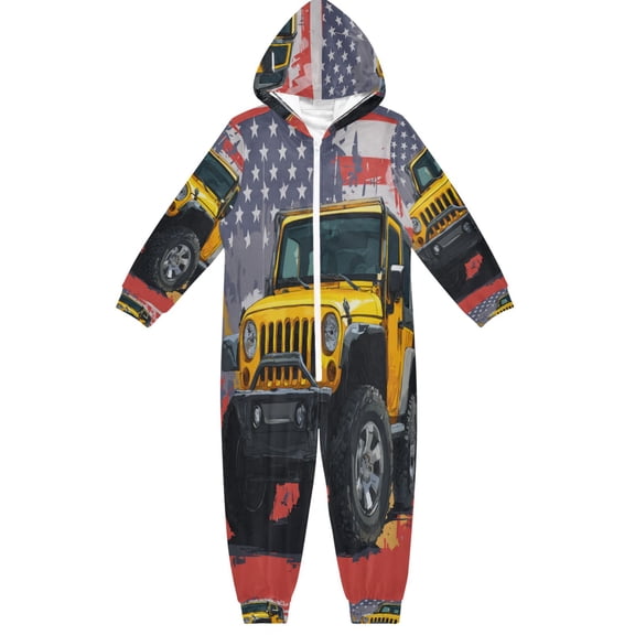 RMDQTR Ultra-Soft Crystal Velvet One-Piece Pajamas/Loungewear Yellow Jeep Car Pattern