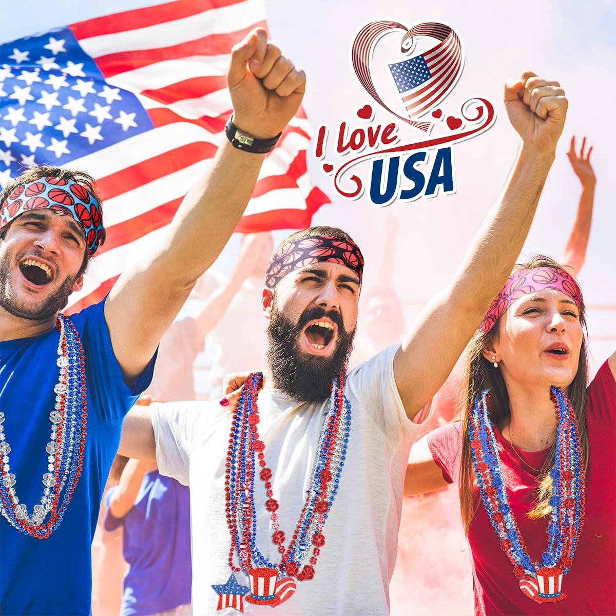 Fourth of July Decoration Patriotic Mardi Gras Beads USA Party Accessories Red White Blue Beaded Necklaces Independence Day Metallic Necklaces 69Pcs Set 1