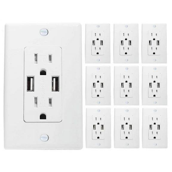 Teklectric 4.2A High Speed Dual USB Receptacle 15A Tamper Resistant Receptacle and Free Wall Plate, White - 10 Pack USB Outlet