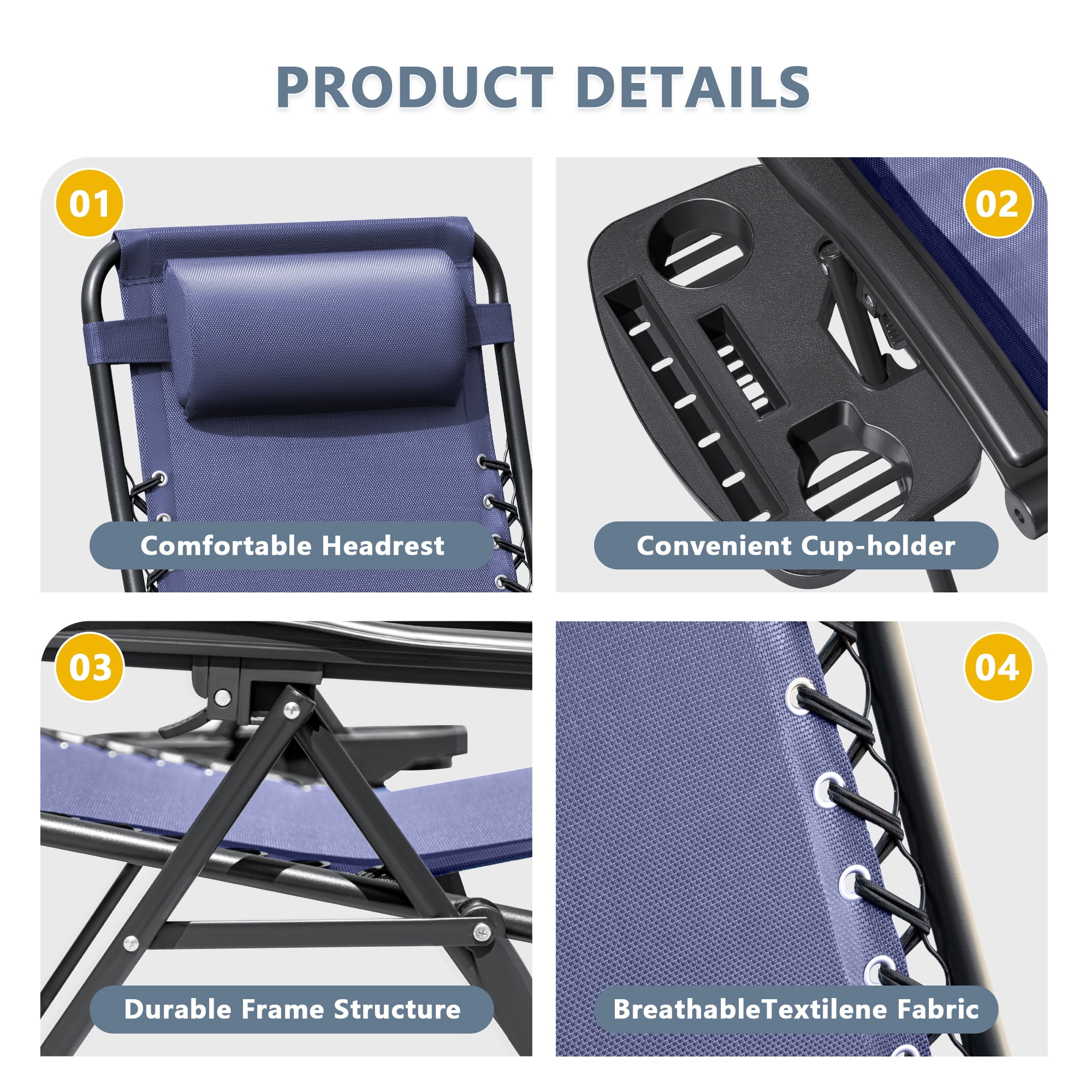 Lacoo 2 Zero Gravity Chair Patio Outdoor Foldable Lawn Lounge Chair Reclining Chair with Adjustable Pillow for Graden, Patio,Beach , Blue