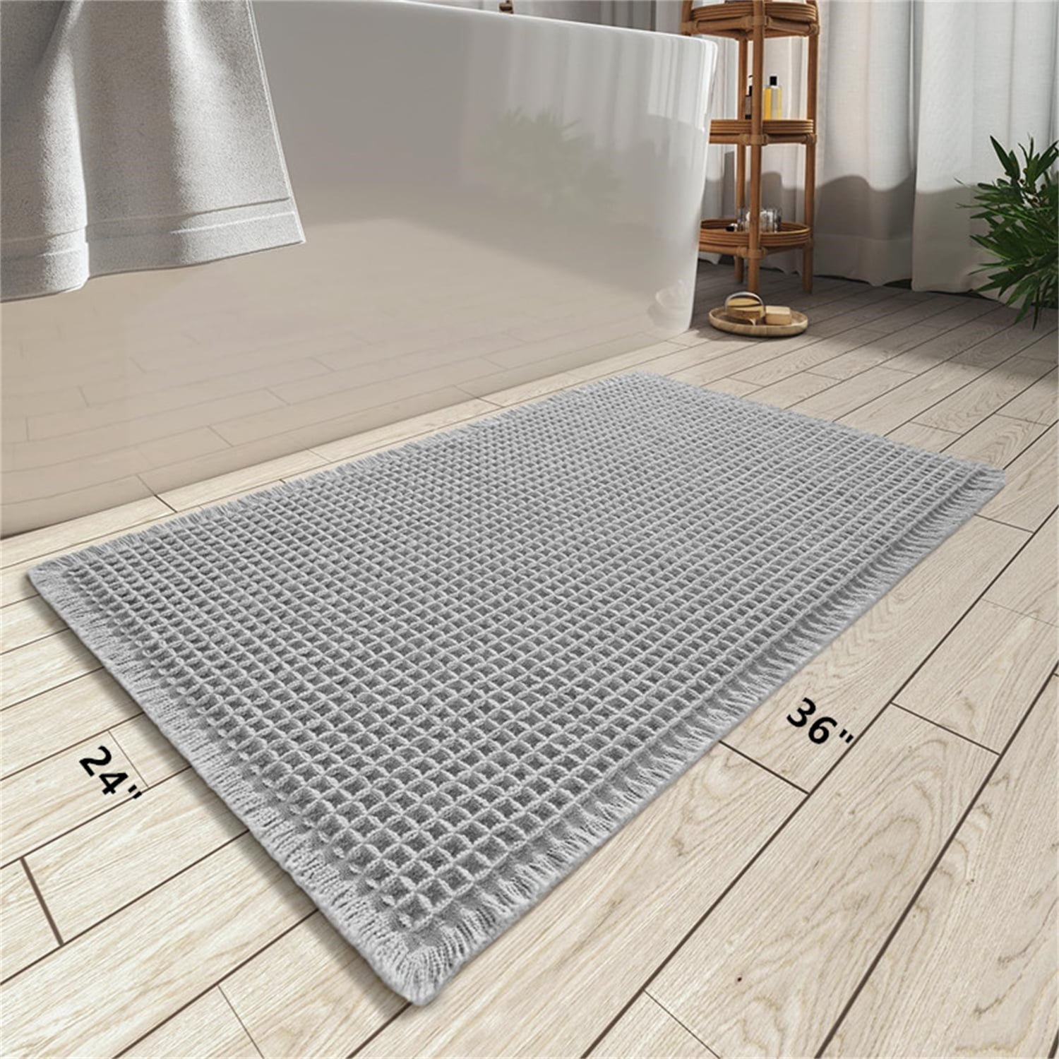 Waffle Bath Mat with Tassels,Absorbent Non Slip Bathroom Rug,Machine Washable Ultra Soft Floor Mats,Gray 24"*36"