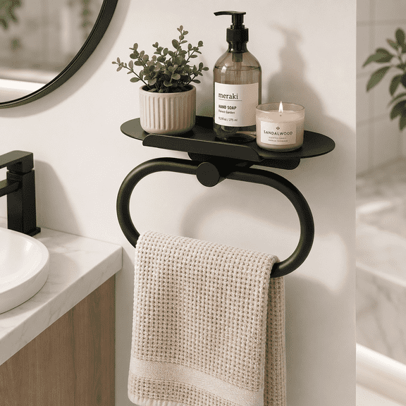 Hand Towel Ring with Shelf, Matte Black Stainless Steel Hand Towel Holder, Wall Mounted Bathroom Towel Hanger for Bathroom Kitchen, Heavy Duty Bath Accessories
