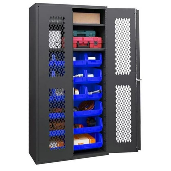Durham EMDC-362472-18B-2S-5295 14 Gauge Flush Door Style Lockable Shelf Clearview Cabinet with 18 Blue Hook on Bins & 2 Adjustable Shelves, Gray - 36 in.