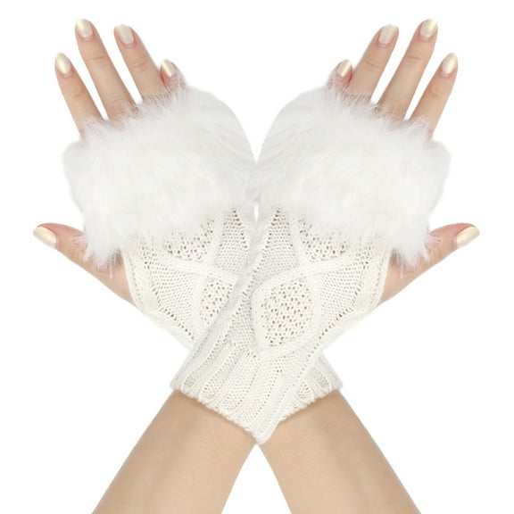 Clearance! Yajing Womens Mittens One Size White Short Bow Gloves Autumn and Winter Women's Cute Wrist Knitted Wool Warm Fingerless Gloves