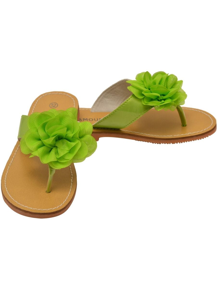L'Amour Girls Lime Organza Flower Adorned Thong Sandals L'Amour Girls Lime Organza Flower Adorned Thong Sandals