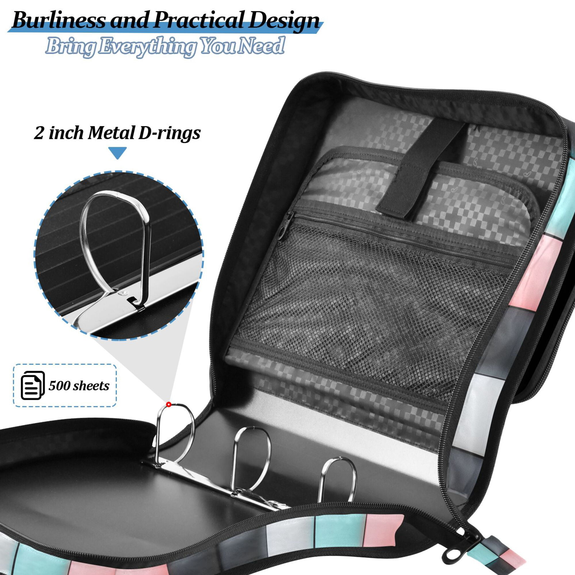 FORMRS Zipper Binder with Shoulder Strap 2-inch Ring 500 Sheet Capacity File Bag, Gray Checkered Pattern