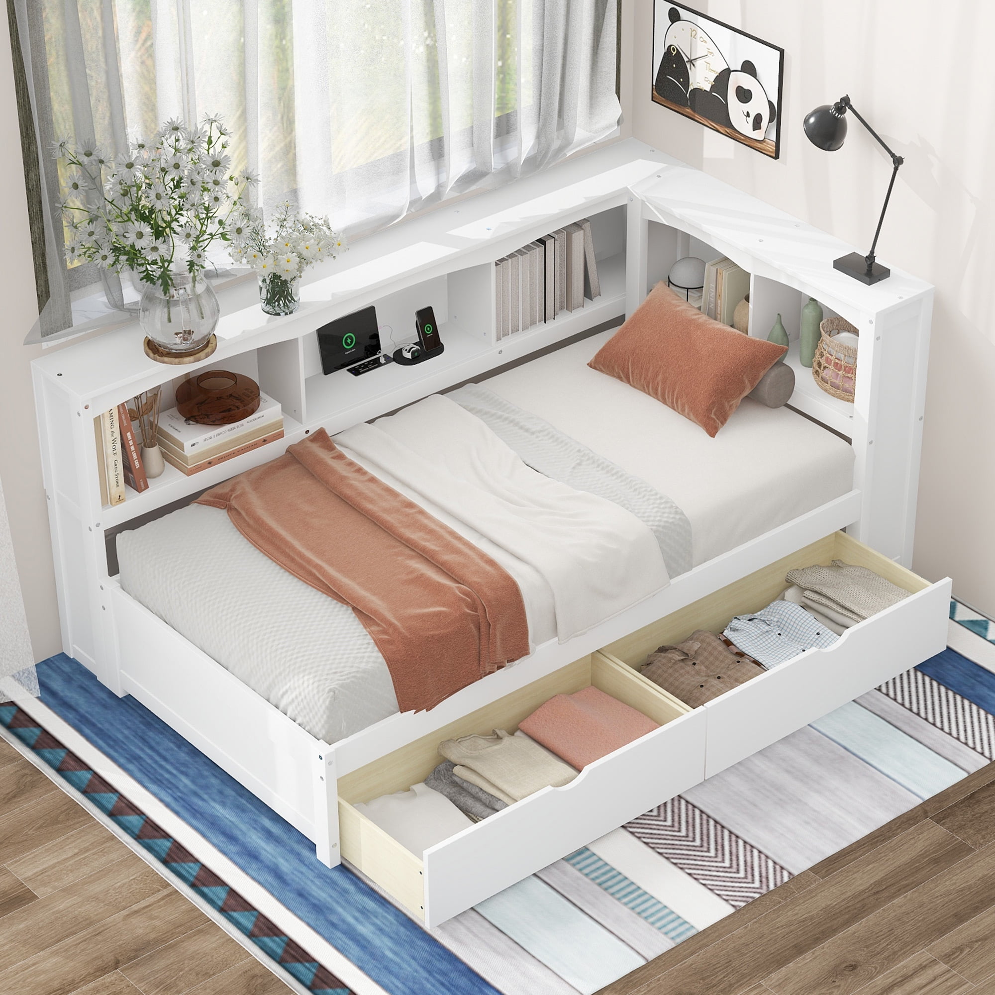 Euroco Modern Pine Wood Daybed with Drawers, Twin Bed with Storage Cabinet and Shelves, USB Charging Station for Kids Teens Bedroom, White
