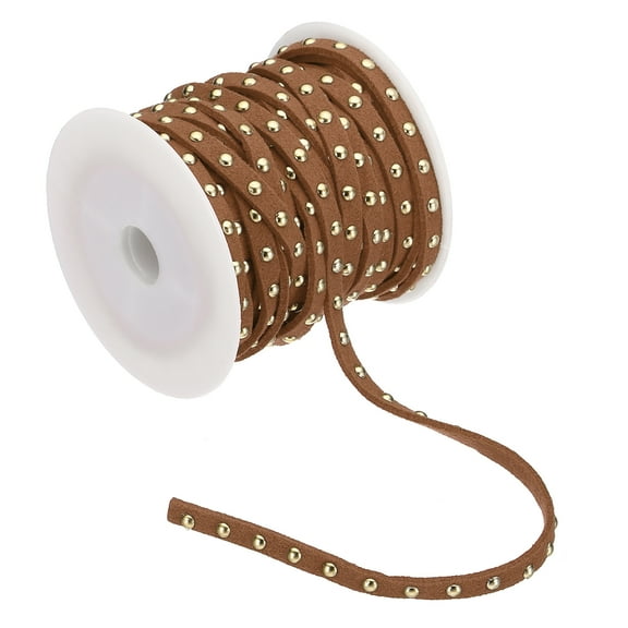 32.8ft Studded Faux Suede Cord Rope for Jewelry Making 5mm Micro Fibre Flat Leather Lace Beading String Ribbon with Rivets, Dark Brown Golden