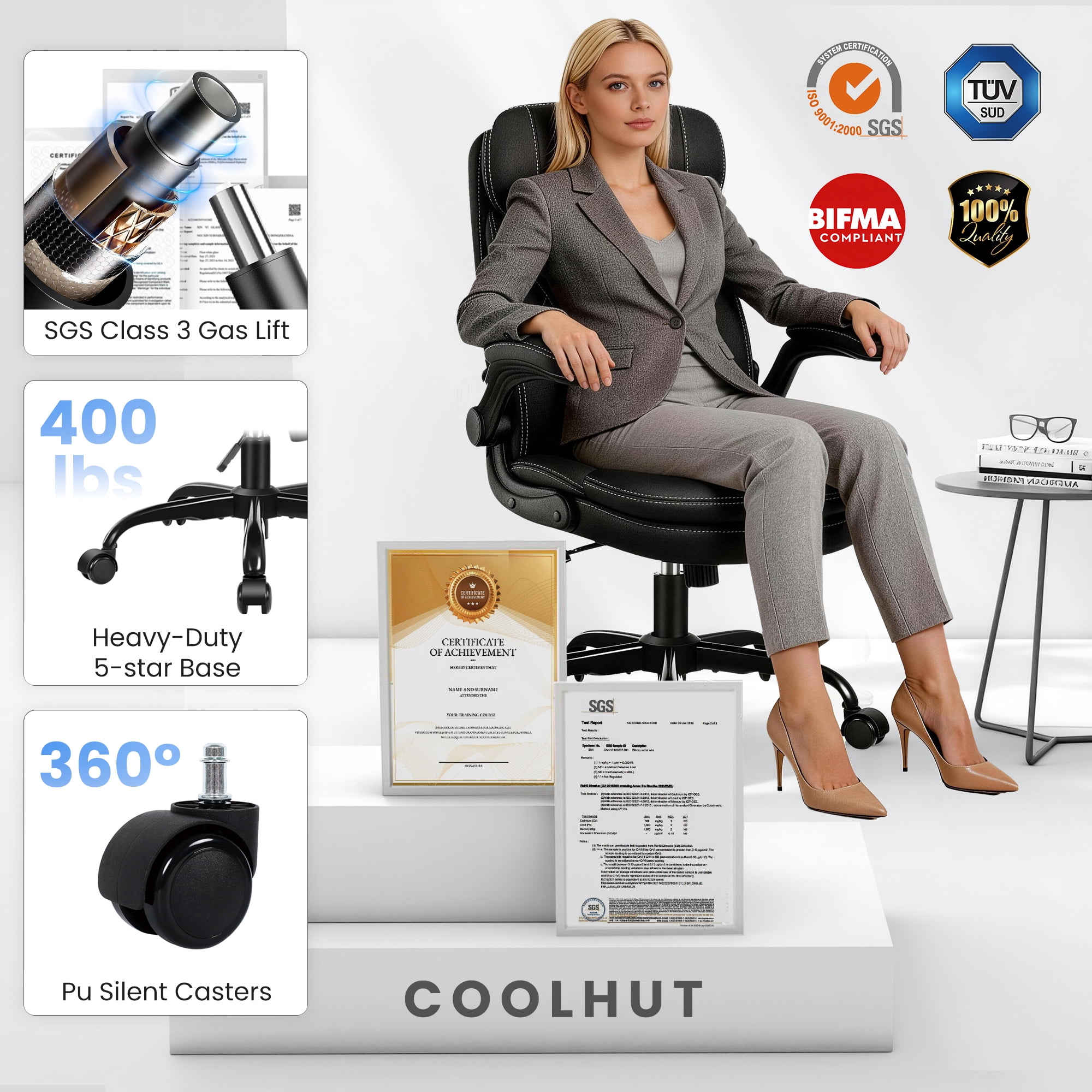 COOLHUT 400LBS Big and Tall Office Chair, Executive PU Leather Desk Chair Thick Seat Cushion and Neckrest, Support 8 Hours Heavy Duty Design, 8-Years Warranty, Black