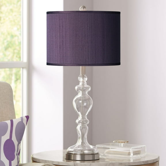 Possini Euro Design Modern Table Lamp 28" Tall Clear Glass Apothecary Eggplant Purple Faux Silk Fabric Drum Shade for Bedroom Living Room House Office