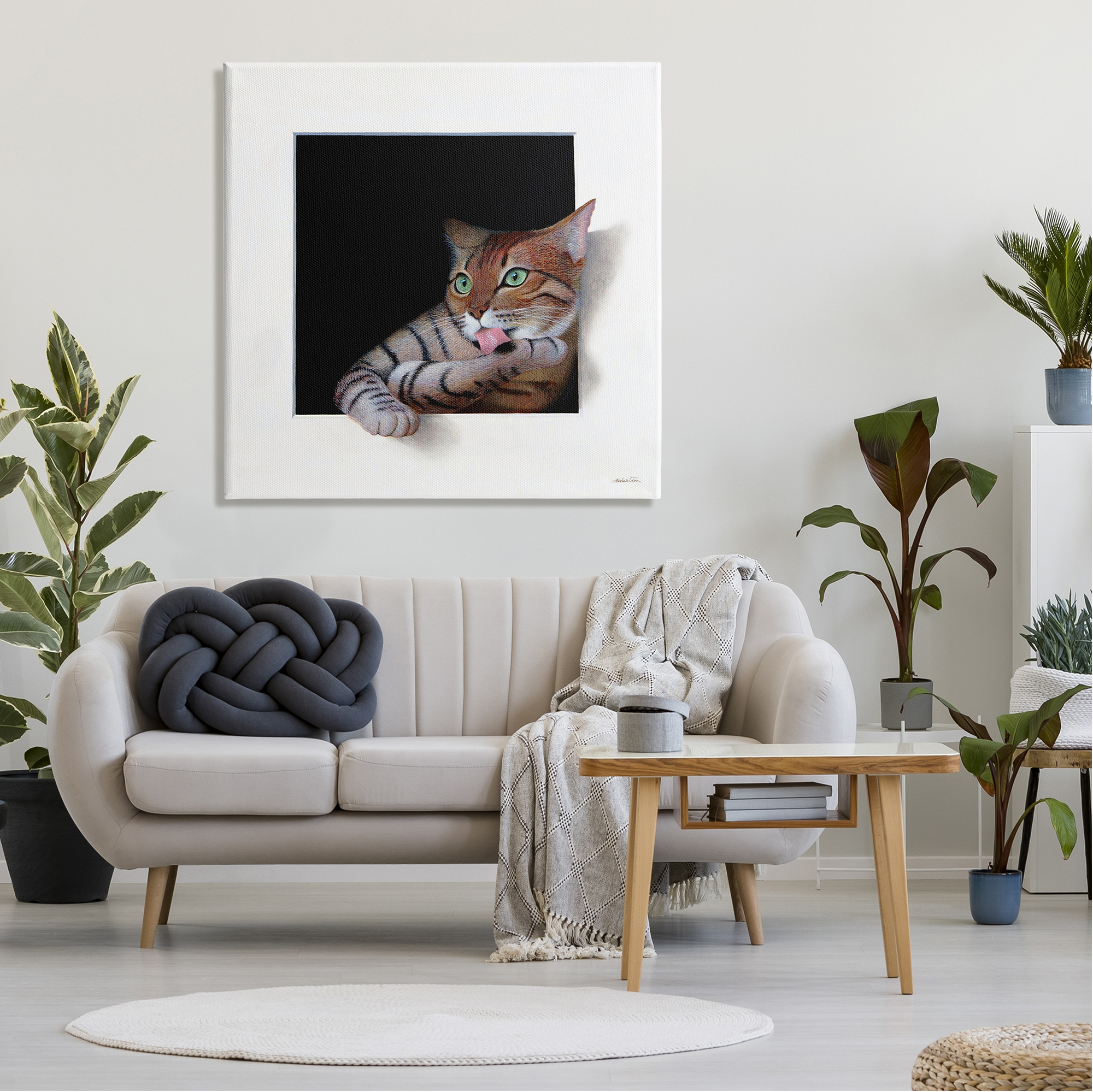 Stupell Industries Manx Cat Grooming Green Eyes Optical Illusion Painting Gallery Wrapped Canvas Print Wall Art, Design by Alan Weston