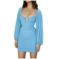 thumbnail image 2 of VKEKIEO Boho Dress For Women Mini V-Neck Long Sleeve Solid Blue L, 2 of 7