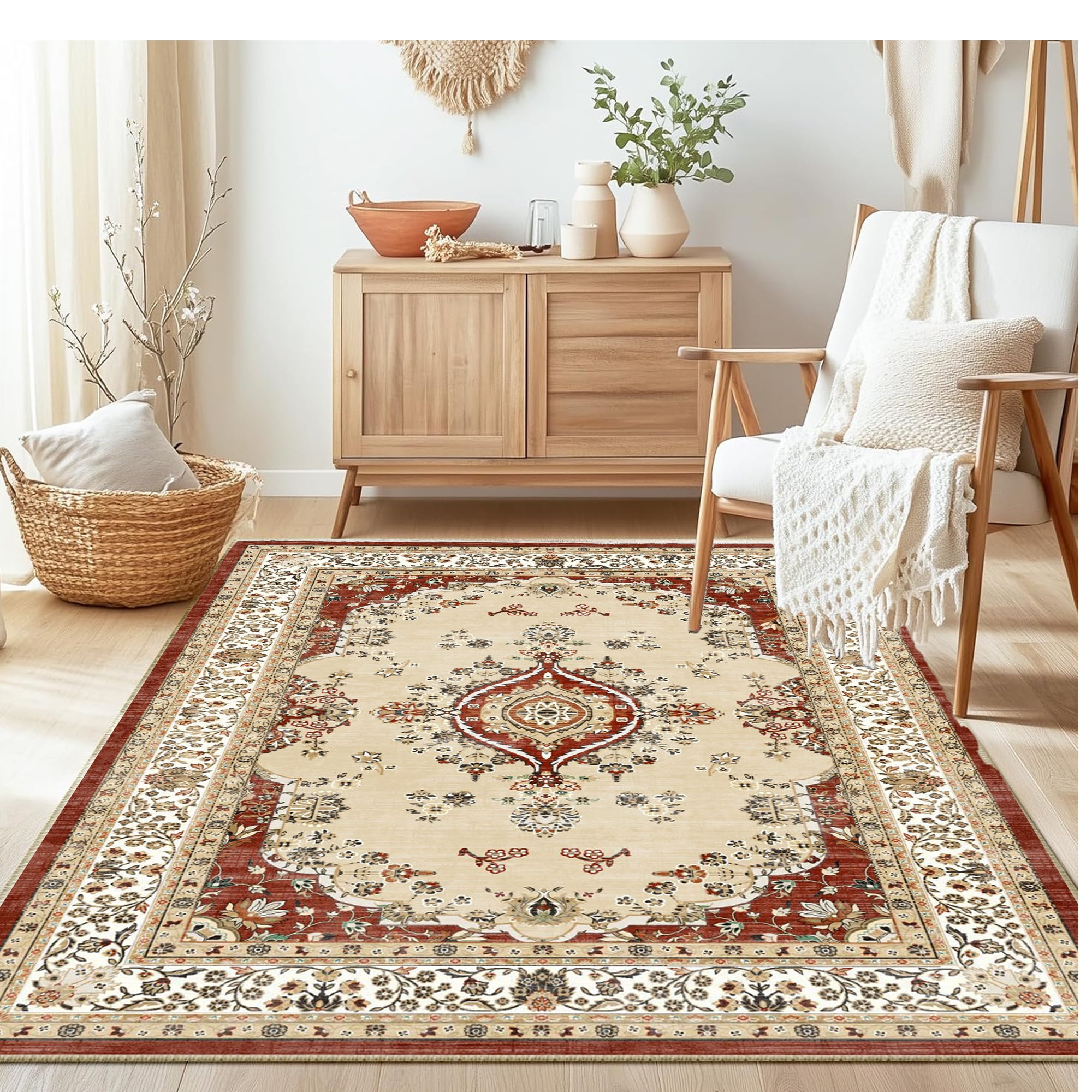 Dowellia Rugs for Bedroom,4x6 Rug - Stain Resistant Washable Rug, Anti Slip Backing Rugs for Living Room, Foldable Vintage Small Area Rugs, Red