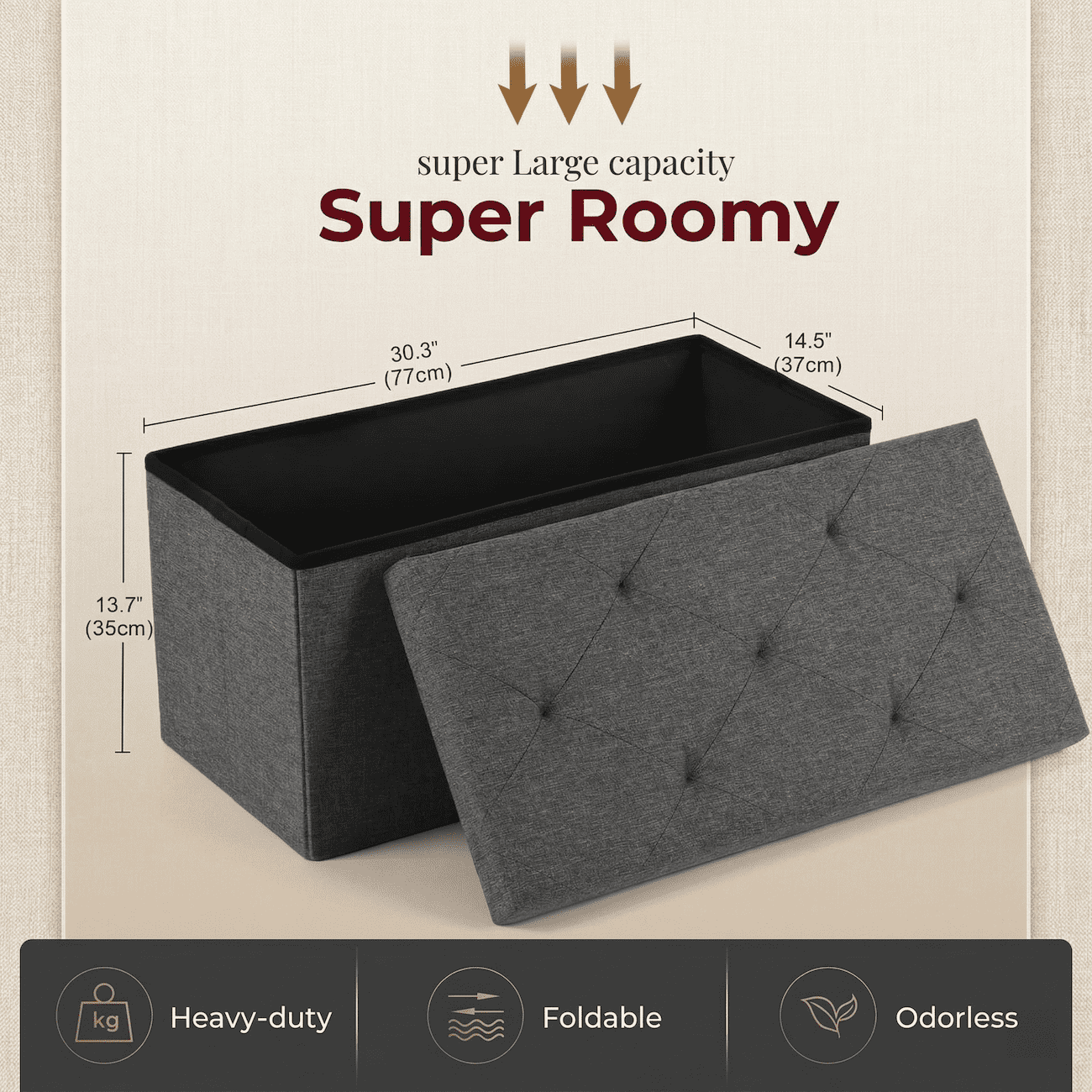 Folding Storage Ottoman Bench 30 Inch, Heavy Duty 660lbs Storage Ottoman with Lid, Collapsible Linen Fabric Ottoman Foot Rest Stool, End of Bed Bench for Bedroom, Living Room, Entryway, Dark Gray