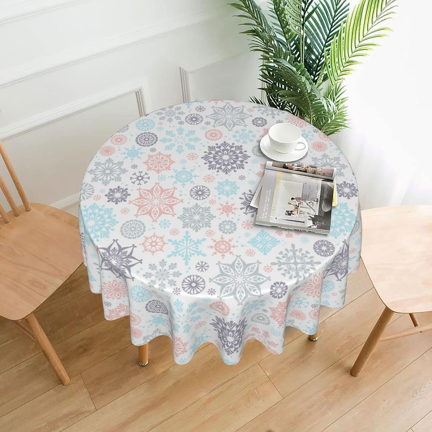 Snowflakes Christmas Pink Tablecloth, Washable Polyester Table Cover ...