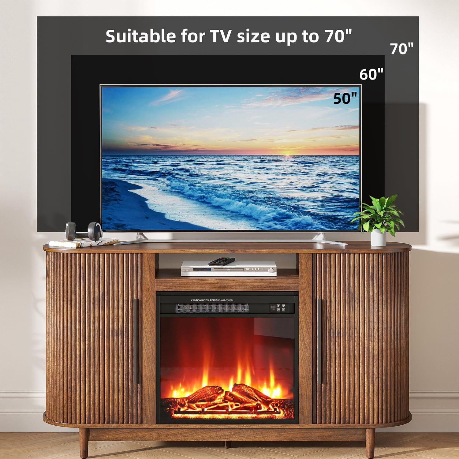 Fireplace TV Stand, Fluted Media Console with Tambour Doors for TVs up to 70", Tall Entertainment Center