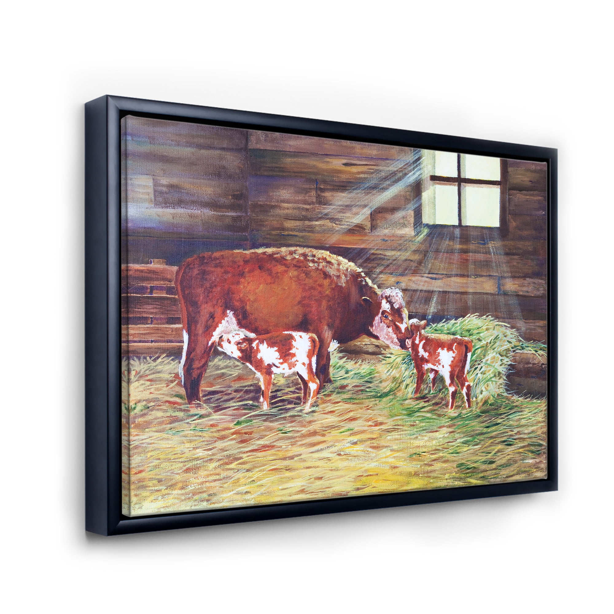 Designart 'Newborn Twin Calves With Cow At The Farm' Farmhouse Framed Canvas Wall Art Print