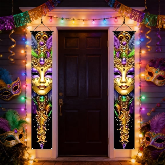 Carnival Hanging Flags for Mardi Gras, Outdoor Festival Party Banners with Mask and Bead Design, Colorful Yard Decorations for Porch Fence and Parade Season Celebration