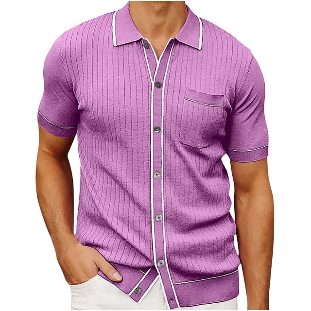 Chemises pour Hommes Mode Masculine Tricot Décontracté Couleur Unie Manches Courtes Col Rabattu Blouse Chemise