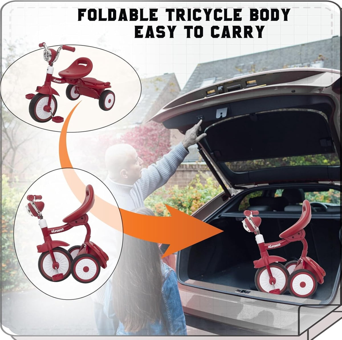 UBRAVOO Tricycle 7-en-1 évolutif De 6 Mois à 5 Ans – Pliable, Poignée Parentale, Auvent, Ceinture 3 Points, Frein, Phare LED