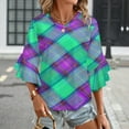 thumbnail image 3 of Green And Purple Plaid Pattern Women's V-Neck Blouse With 3/4 Ruffled Bell Sleeves Casual Top Ladies Blouses, 3 of 7