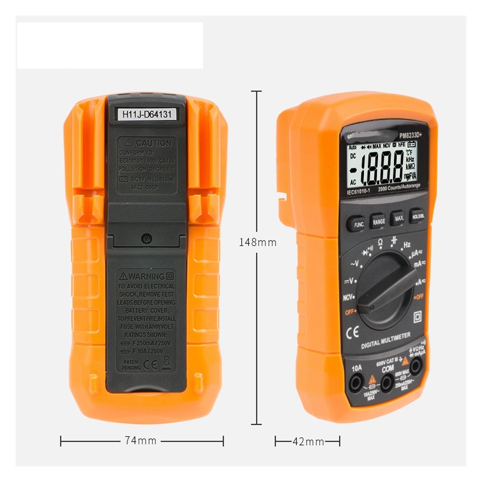 PM8233D Multimeter 2000 Counts Digital Multimeter DC AC Volt Meter Ohm Volt Amp Tester Measures Voltage Current Resistance Capacitance Continuity Diode Duty-Cycle Frequency NCV Live Wire Test
