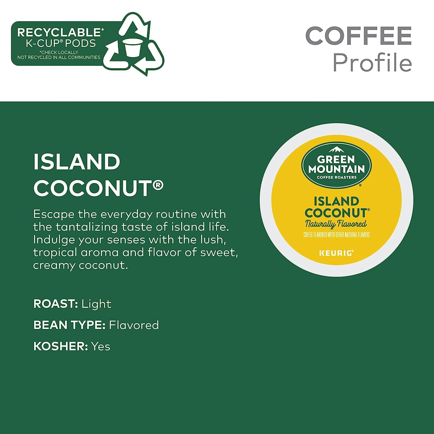 Green Mountain Coffee Roasters Island Coconut Keurig Single-Serve K-Cup Pods, Light Roast Coffee, 96 Count (4 Packs of 24)