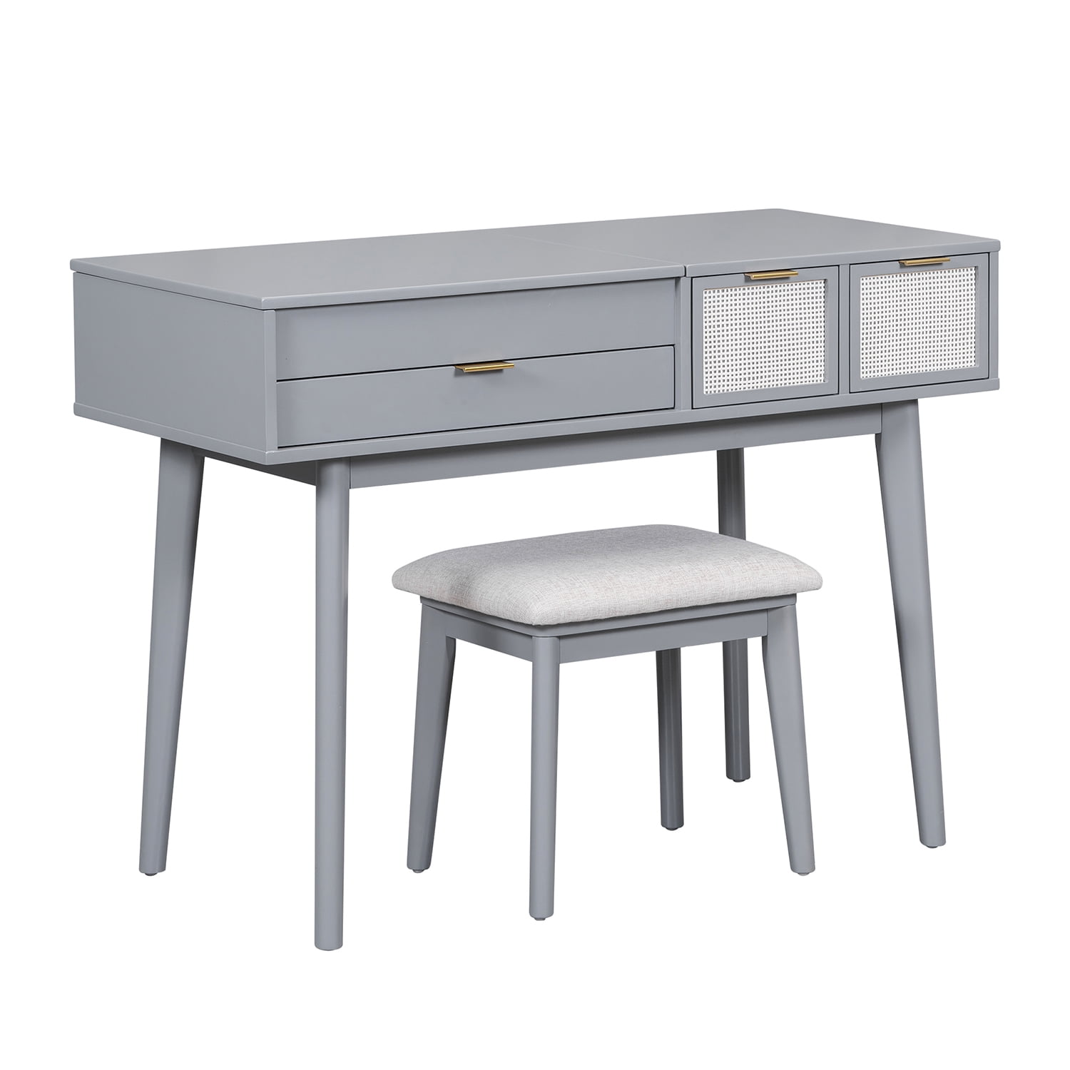 Resenkos 43.3" Classic Wood Makeup Vanity Set with Flip-top Mirror and Stool, Dressing Table with 3 Drawers, Gray Resenkos 43.3" Classic Wood Makeup Vanity Set with Flip-top Mirror and Stool, Dressing Table with 3 Drawers, Gray