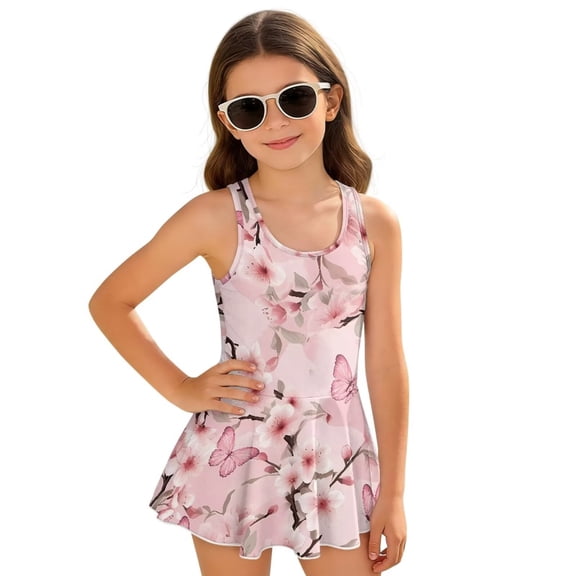 Xixirimido Cherry Blossom & Butterfly Pink Print Girls One Piece Swimsuits Modest Bathing Suit for Kids Hawaiian Swimwear with Skirt Sleeveless Swim Dress for Beach Water Park, 10-11 Years