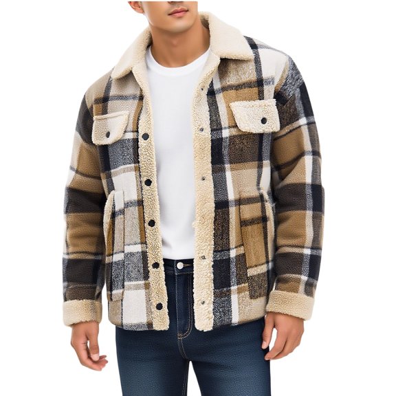 SYMOID Mens Khaki Plaid Sherpa Jacket - 100% Polyester, Button-Front Lapel Collar, Warm for Fall Winter, 2 Chest Pockets, Casual Outerwear, S-XXL,Size M
