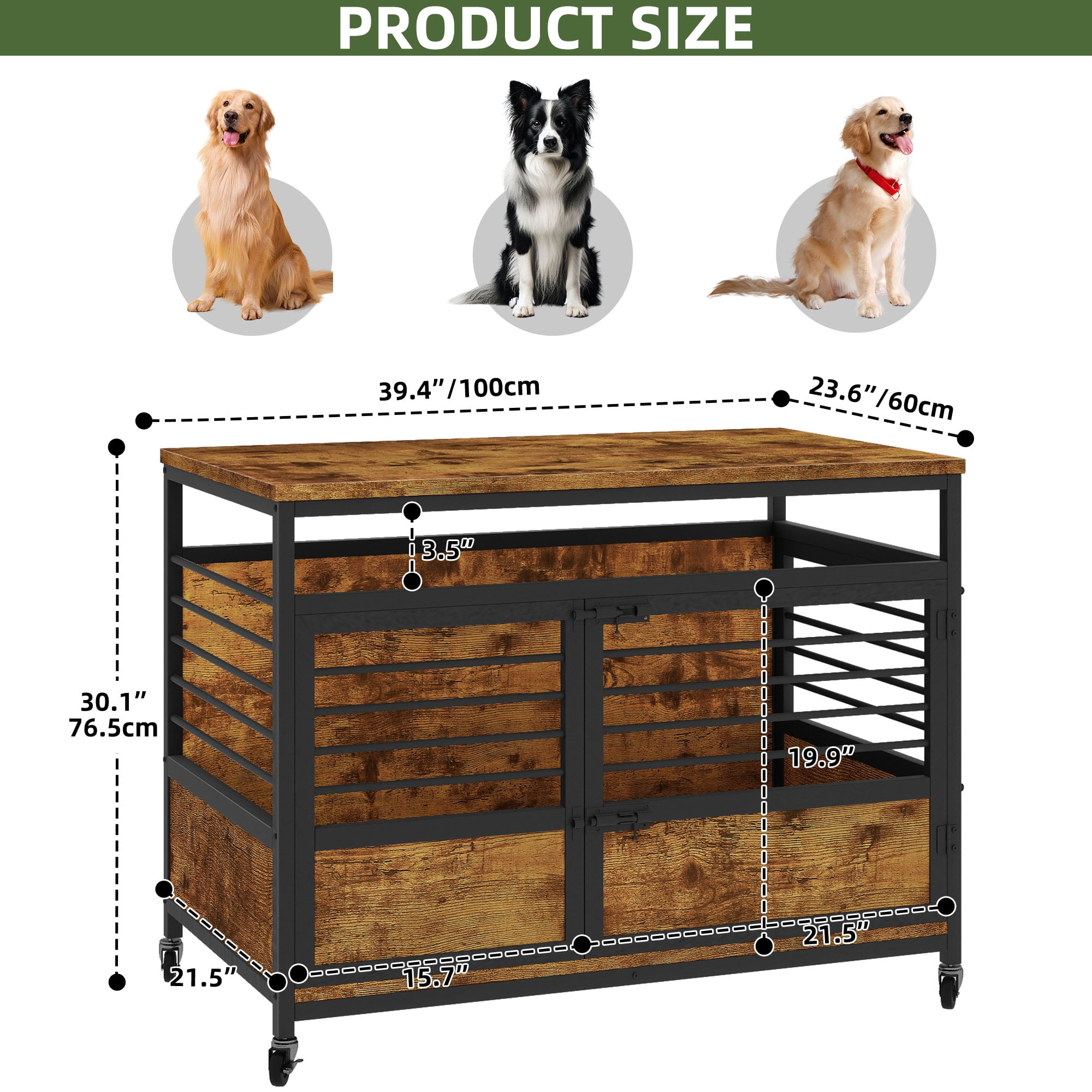 Uforic 2-in-1 Dog Crate Furniture with Wheels, 39.4" Wooden Dog Kennel,End Table, Rustic Brown