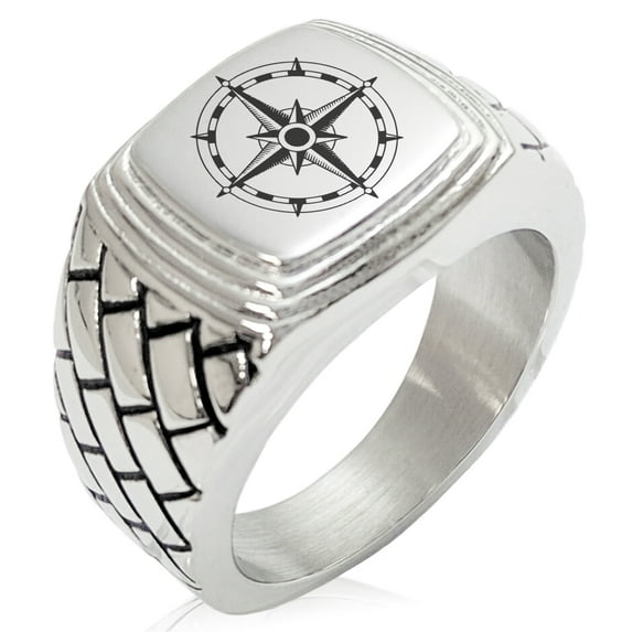 Stainless Steel Sun Dial Compass Geometric Pattern Step-Down Biker Style Polished Ring
