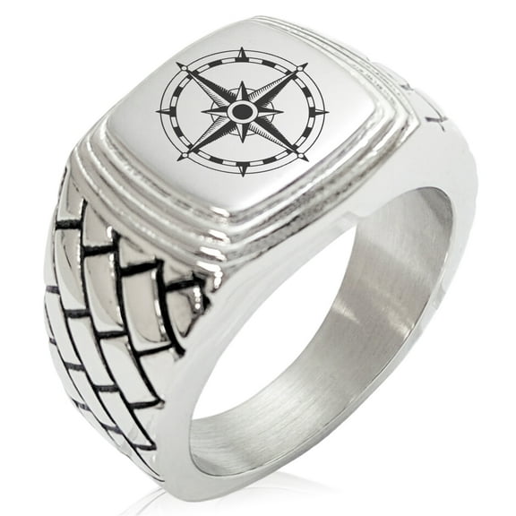 Stainless Steel Sun Dial Compass Geometric Pattern Step-Down Biker Style Polished Ring