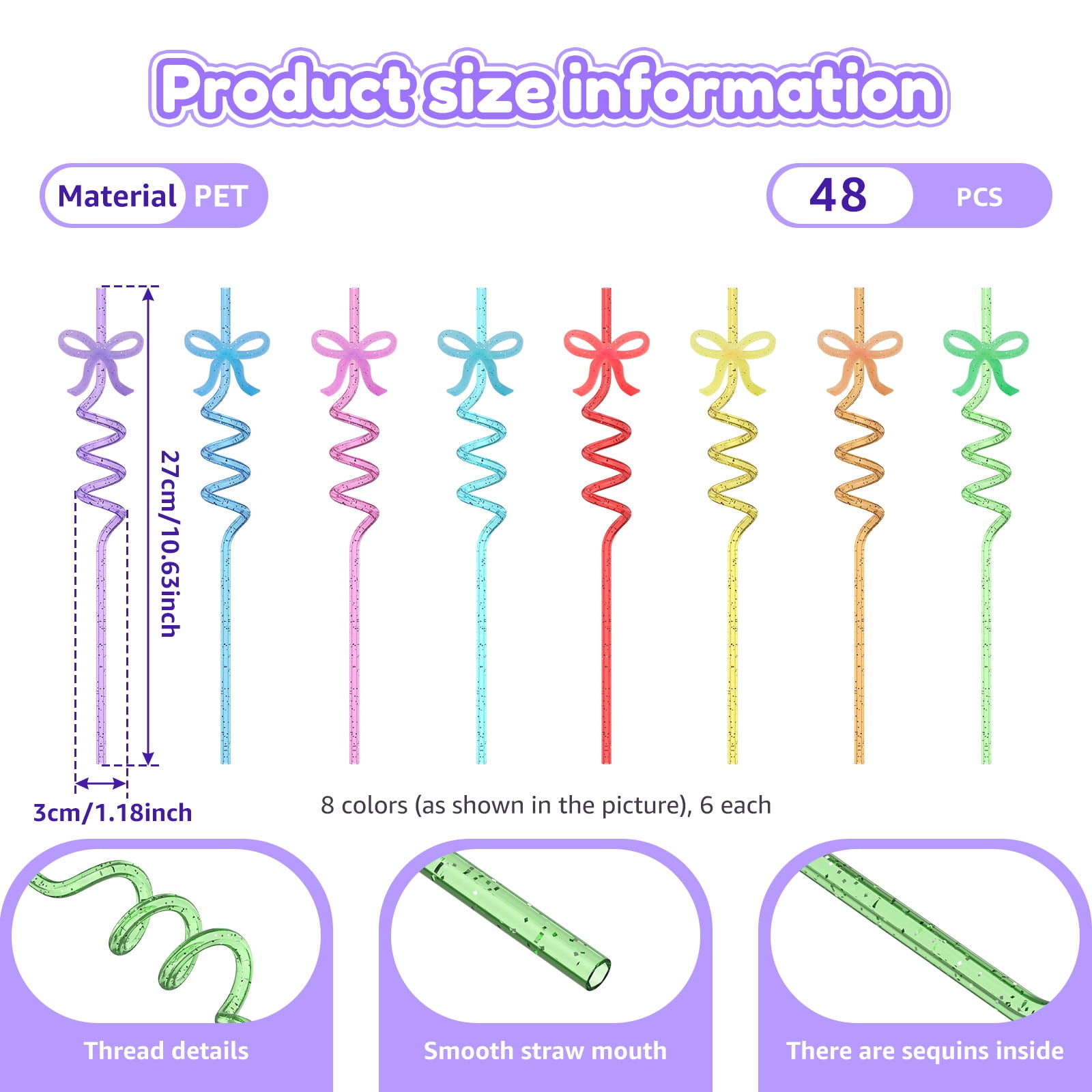48 Pcs Colorful Straws Reusable Straws Thickened PET Spiral Detachable Bow for Parties