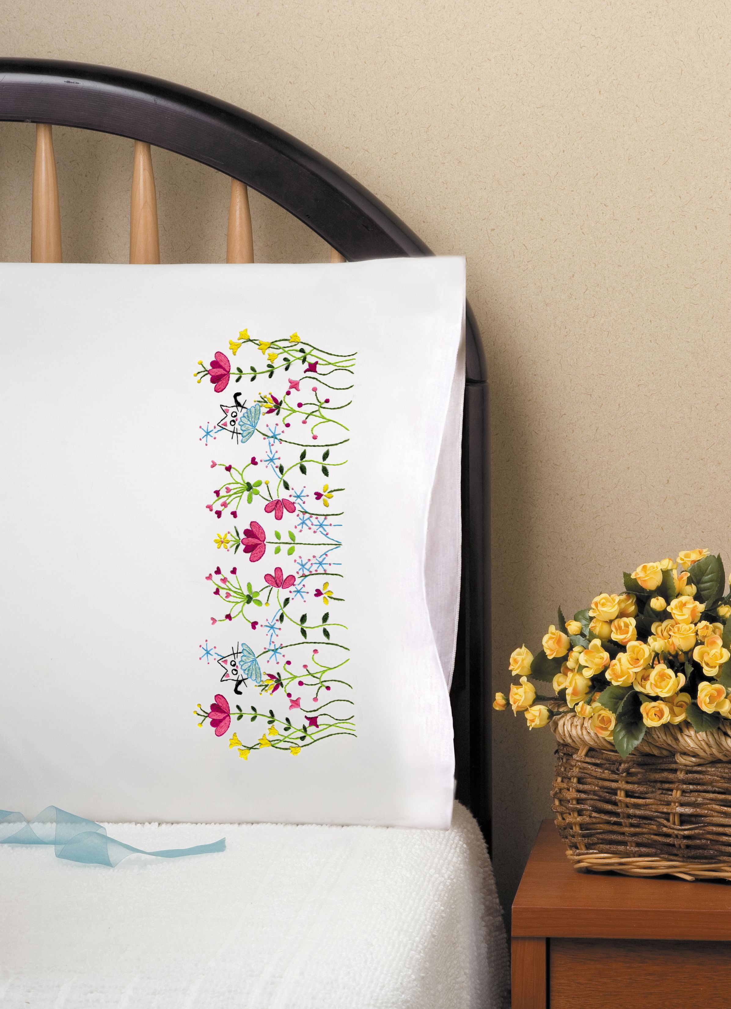 Stamped Pillowcase Pair For Embroidery 20"X30"Cats In Flowers