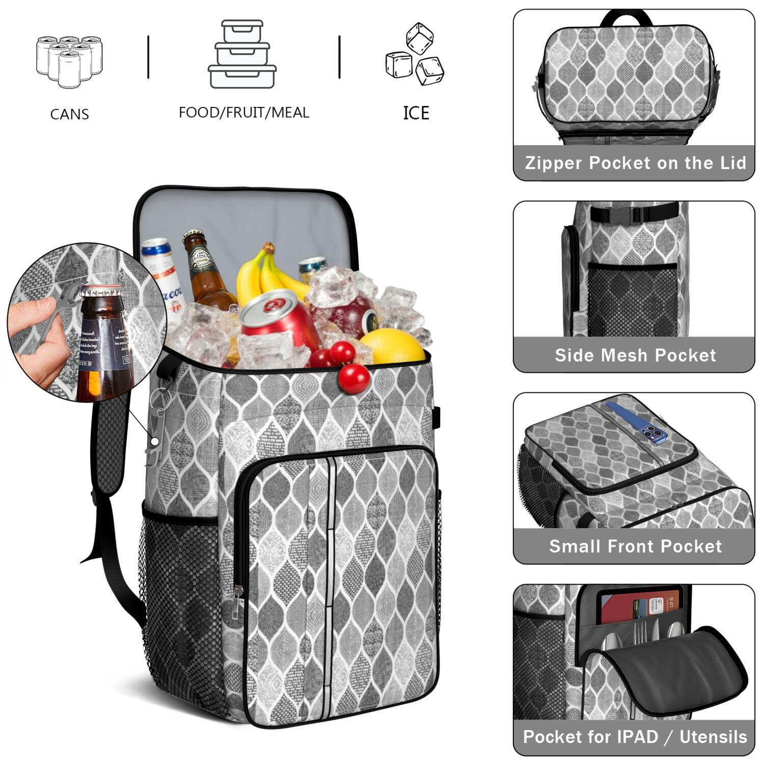 Travel Cooler Bag - Boho Bohemia Pioneer Flower Geometric Line Art Camping Beer Cooler Backpack with Bottle Opener- Waterproof Insulated Picnic Backpacks - Cooler Bag for Beach
