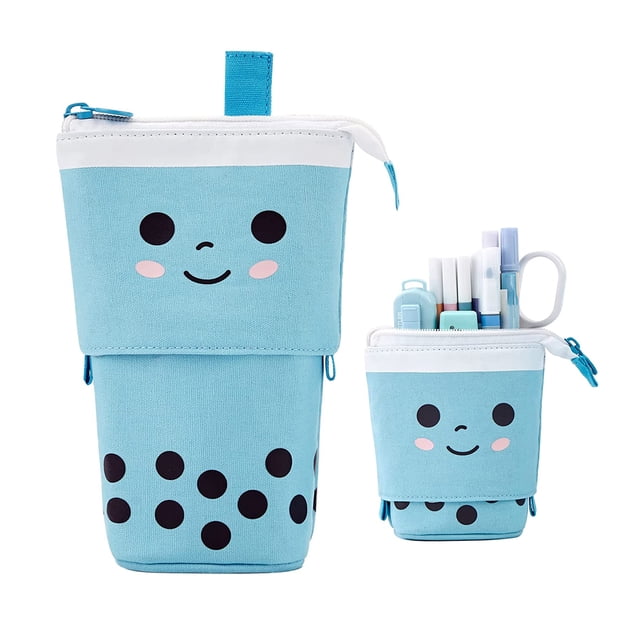 Estuche con cremallera, estuche 2 en 1 y portalápices, estuche para niñas, estuche con soporte, estuche telescópico, portalápices para adolescentes, estudiantes, té con leche de melocotón