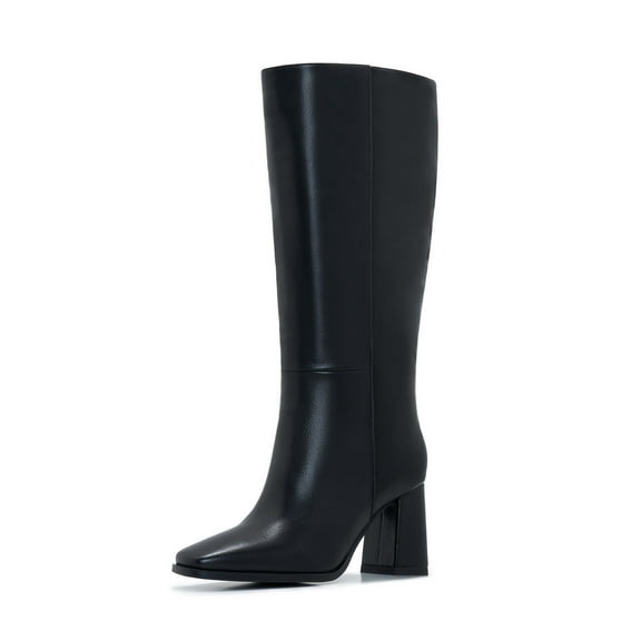 Knee-High Boots for Women – Tall Faux Leather Fashion Boots with Side Zipper, Square Toe and Chunky Heel