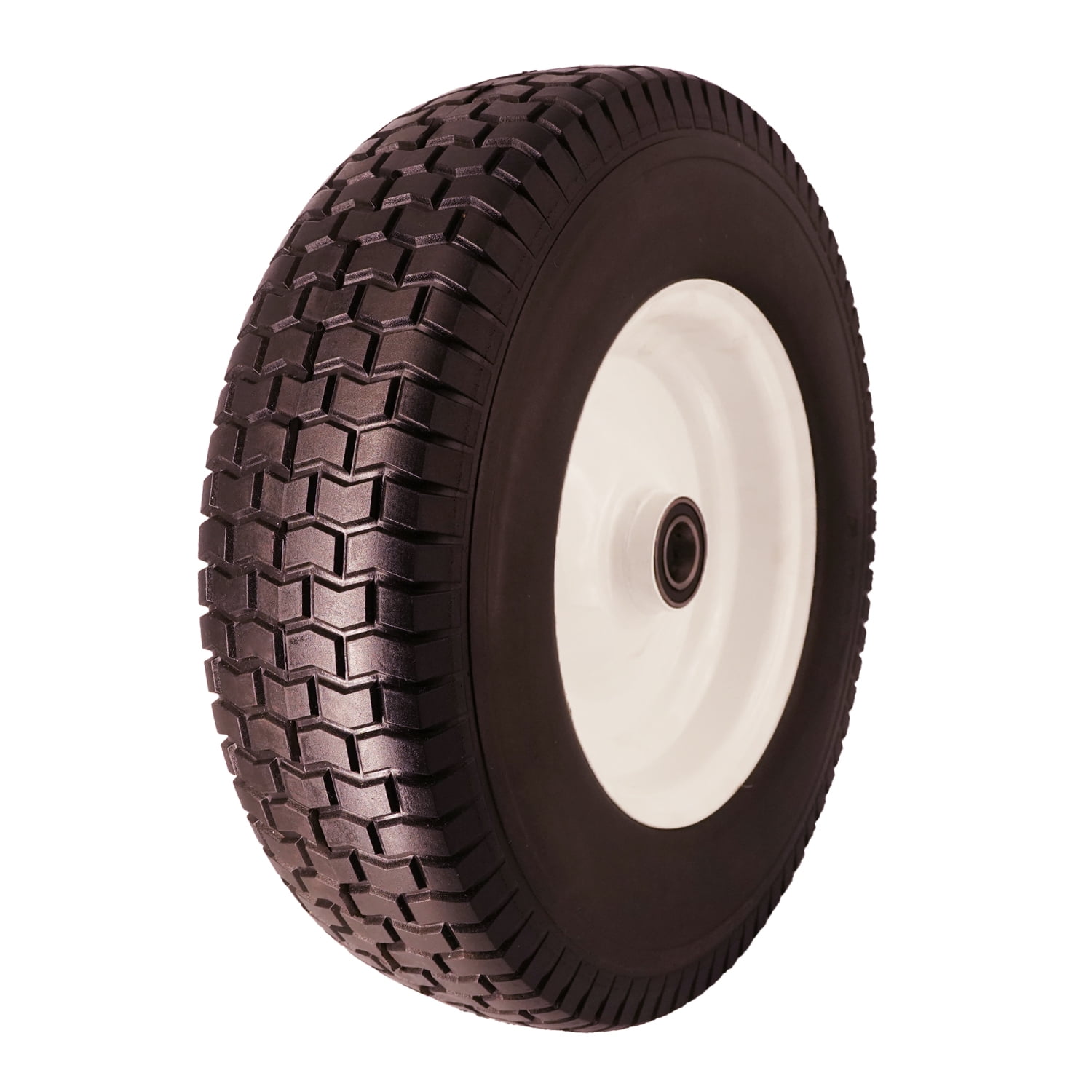 Flat Free 16x5.00-8 Tire with 1 inch Bearings, 3” Center Hub Turf Tread 16x5.00-8 Tire and Wheel for Lawn Mower Garden Tractor Wheelbarrow, 16 inch Solid Tire 16x5.00-8 with 1 inch Bore