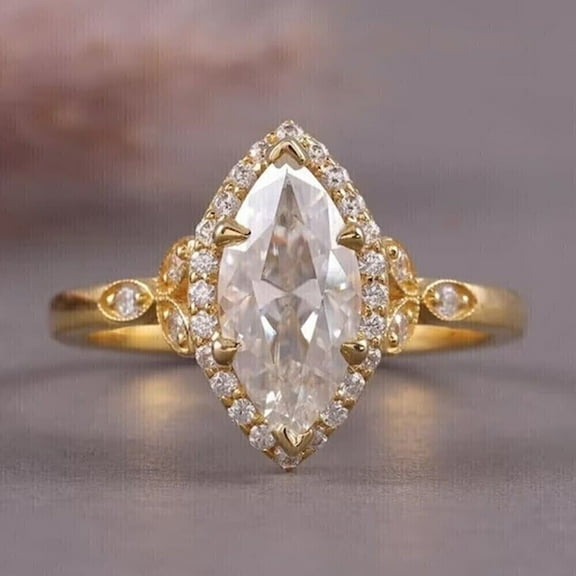 Gems Jewels Women's 925 Sterling Silver 2.20 Ctw Marquise Cut White Diamond Wedding Anniversary Engagement Halo Ring 14K Yellow Gold Plated -4