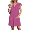 thumbnail image 5 of Blmnix Peplum Dress for Women Striped Dress Shift with Pockets Under Dresses Short Sleeve V-Neck Pink Mini Adaptable Summer Dress L, 5 of 6