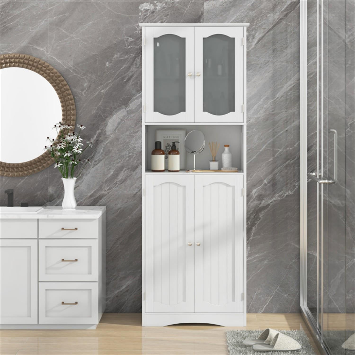 Demi Bonn 64.5" Tall Freestanding Bathroom Storage Cabinet with Frost Glass Doors and Shelves, Pantry Cabinets, White
